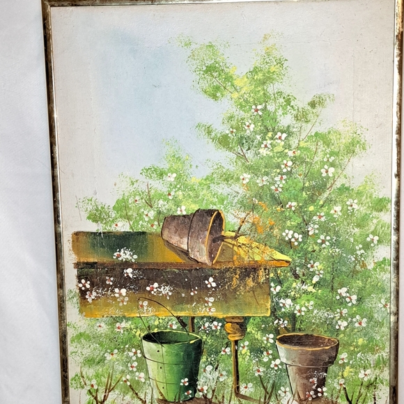 Vintage Garden Scene Wall Art with Gold Frame Signed By LINDA 12x16 - Picture 7 of 16